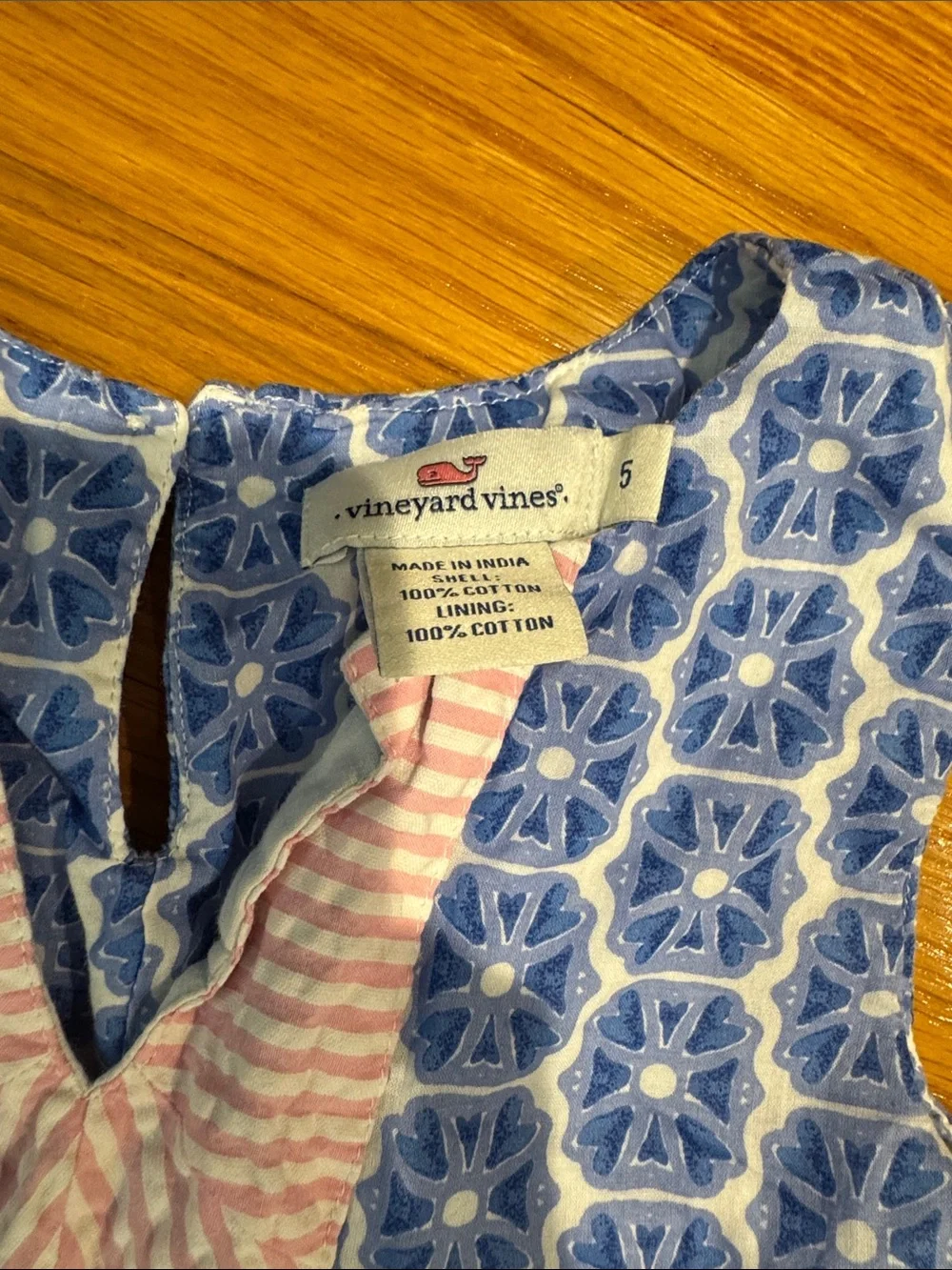 Vineyard Vines Blue Geometric Girls' Sleeveless Nightgown with Pink Trim